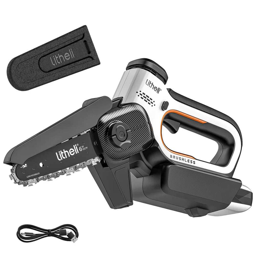 Portable 20V battery powered mini chainsaw by Litheli, brushless motor design for efficient tree trimming and firewood cutting