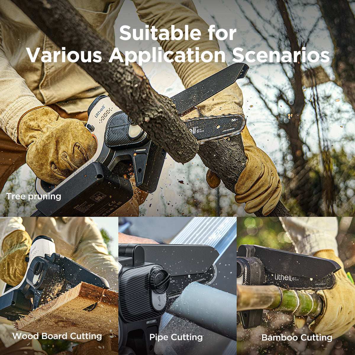 Side view of lightweight cordless electric chainsaw, ideal for backyard tree trimming and garden work