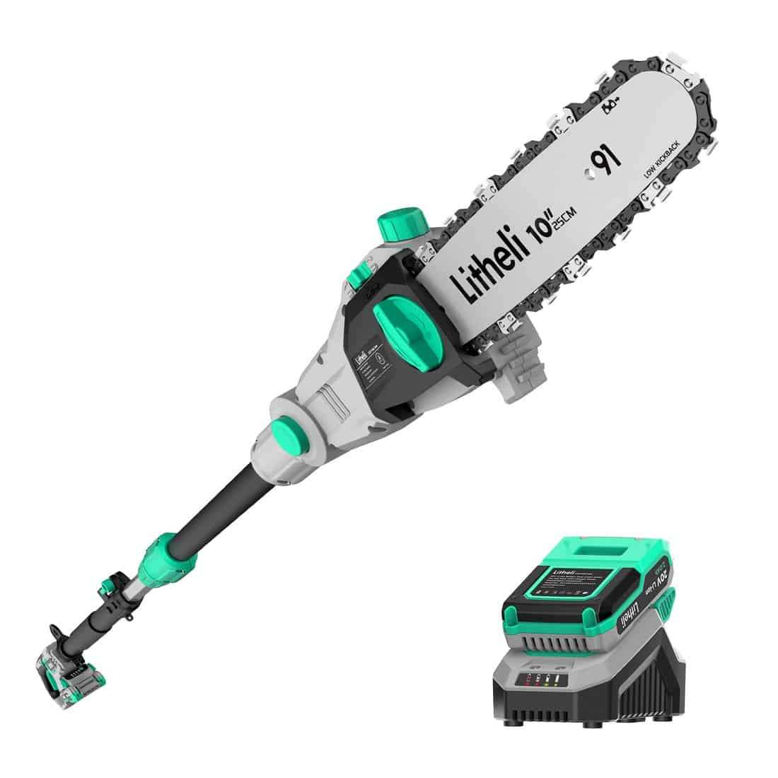 Litheli 20V 10″ Cordless Pole Saw Telescopic for Tree Trimming with 2.0Ah Battery & Charger