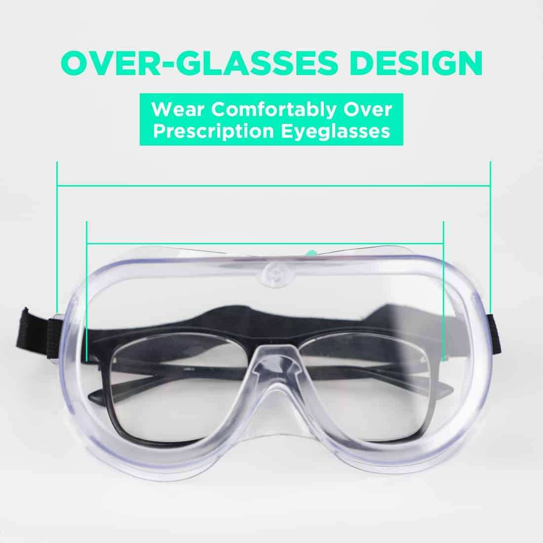 Anti-fog safety goggles with durable coating and 4 angled indirect vents for clear vision in humid environments