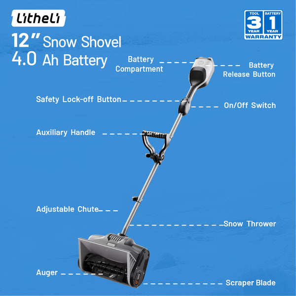 U20 2×20V 12" Brushless Cordless Snow Shovel | Includes 2×4.0Ah Batteries | 11.77lbs, 25ft Snow Throw, Clears up to 5-car Driveways