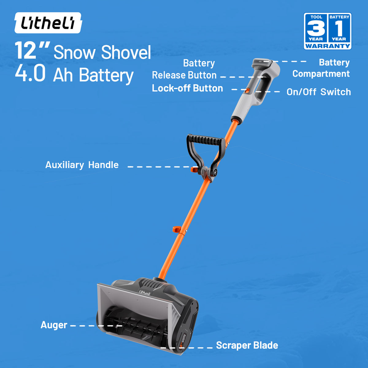 U20 20V 12" Brushed Cordless Snow Shovel | Includes 1x4.0Ah Battery | 9.3lbs, 20ft Snow Throw