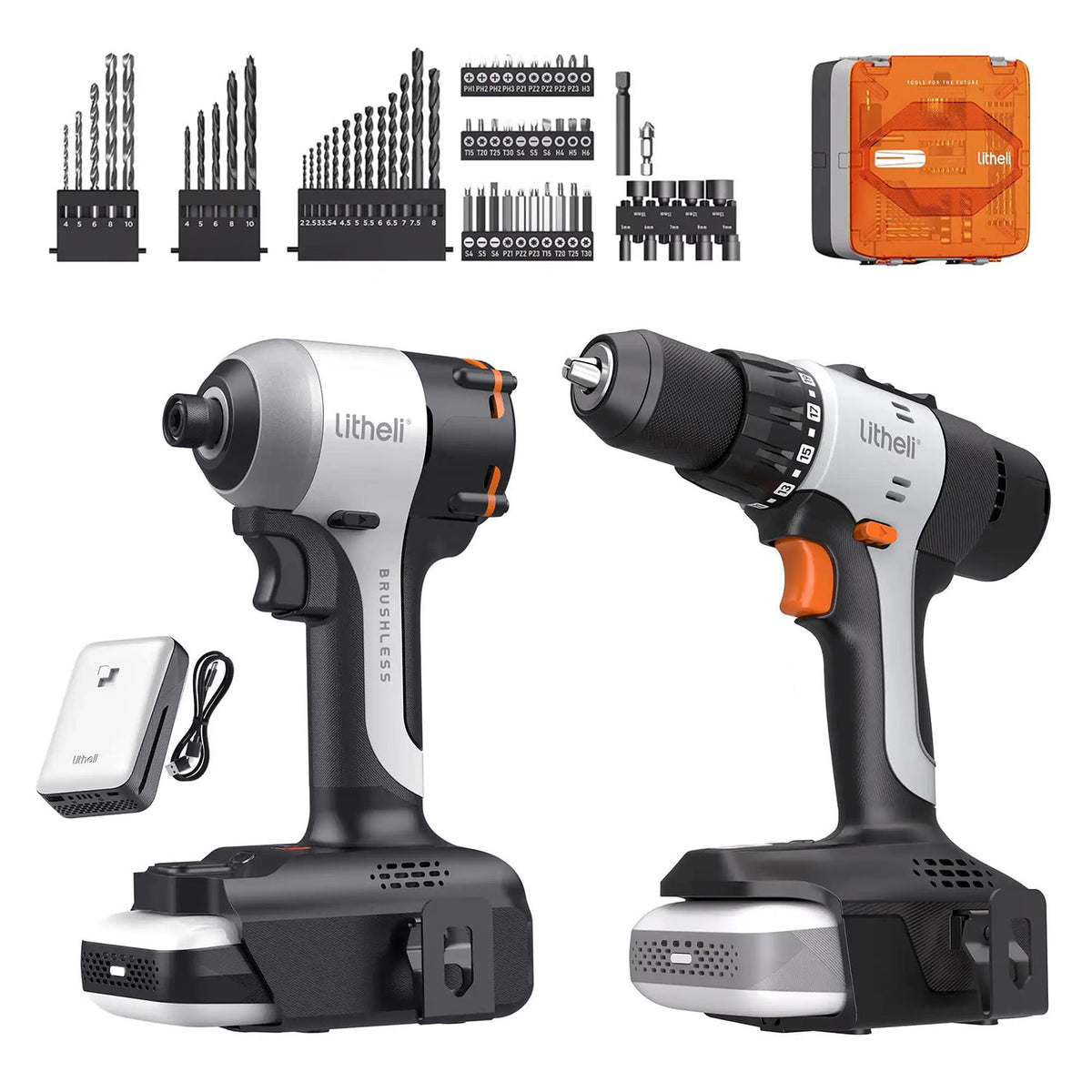 Litheli U20 20V Brushless Impact Driver & 1/2" Drill Driver Kit | with 2.0Ah SE Battery, 54PC Driver Bits, 9PC Nut Drivers & Tool Bag