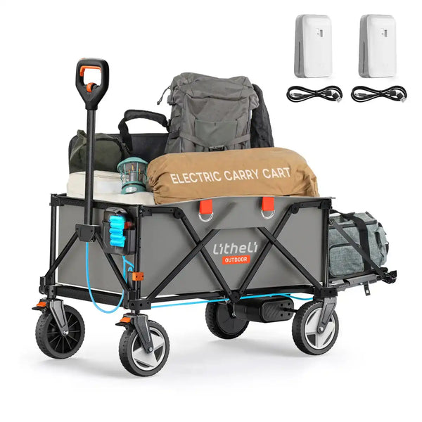 Electric folding wagon carrying camping chairs and tents with ease on outdoor trails