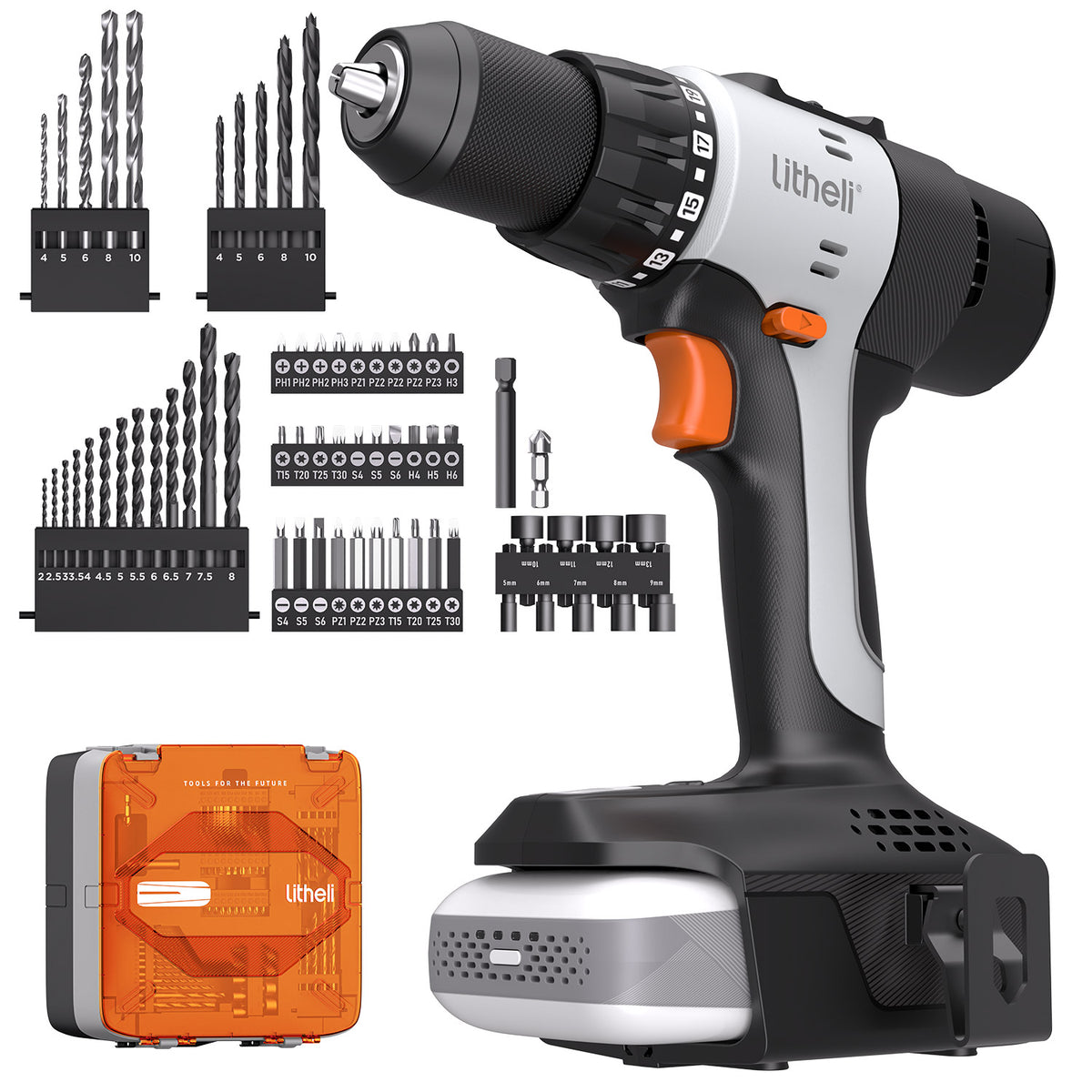 Litheli 20V Cordless 1/2" Drill Driver Kit includes an Electric Power Drill with 443 in·lbs High Torque, a 2.0Ah Battery, 54PC Driver Bits, 9PC Nut Drivers, and Tool Bag