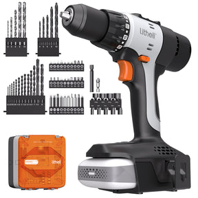 Litheli 20V Cordless 1/2" Drill Driver Kit includes an Electric Power Drill with 443 in·lbs High Torque, a 2.0Ah Battery, 54PC Driver Bits, 9PC Nut Drivers, and Tool Bag