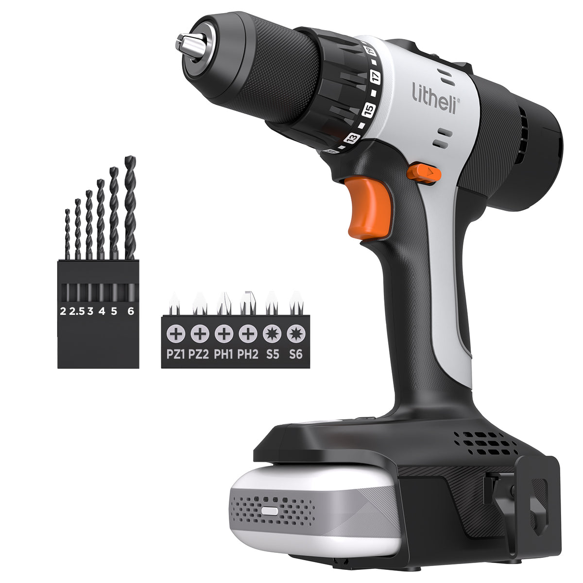 Litheli 20V Cordless 1/2" Drill Driver Kit with 443 in·lbs High Torque, Electric Power Drill Set with 2.5Ah Battery and 12PC Driver Bits