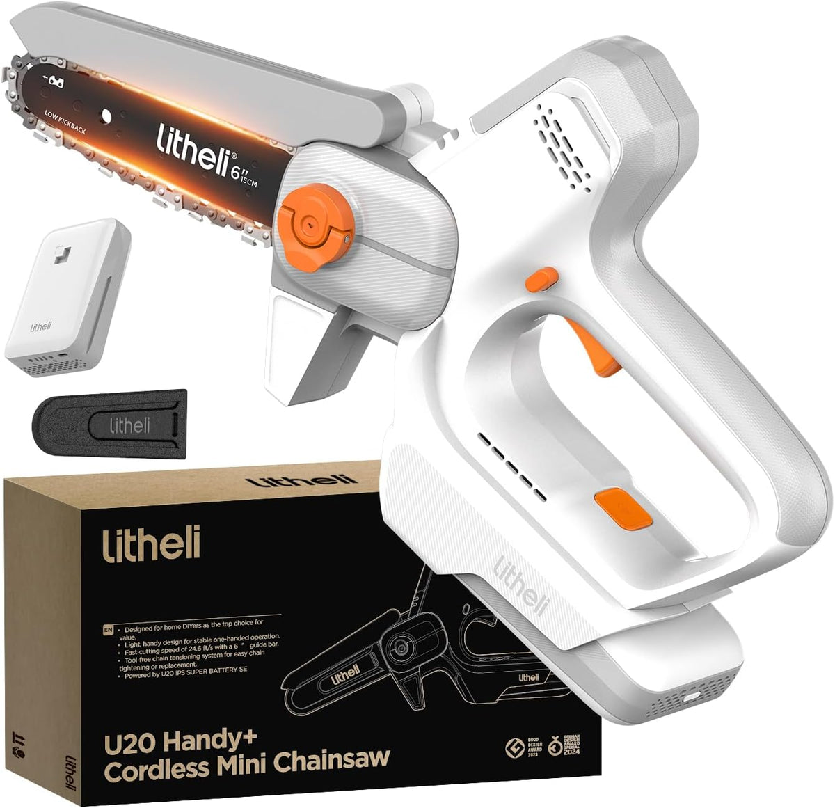 Litheli 6" Portable Cordless Chainsaw powered by a 2.5Ah Battery, 20V Mini Chainsaw with Automatic Chain Lubrication, Double Safety Clasp, Suitable for Branches, Yards, Home and Garden