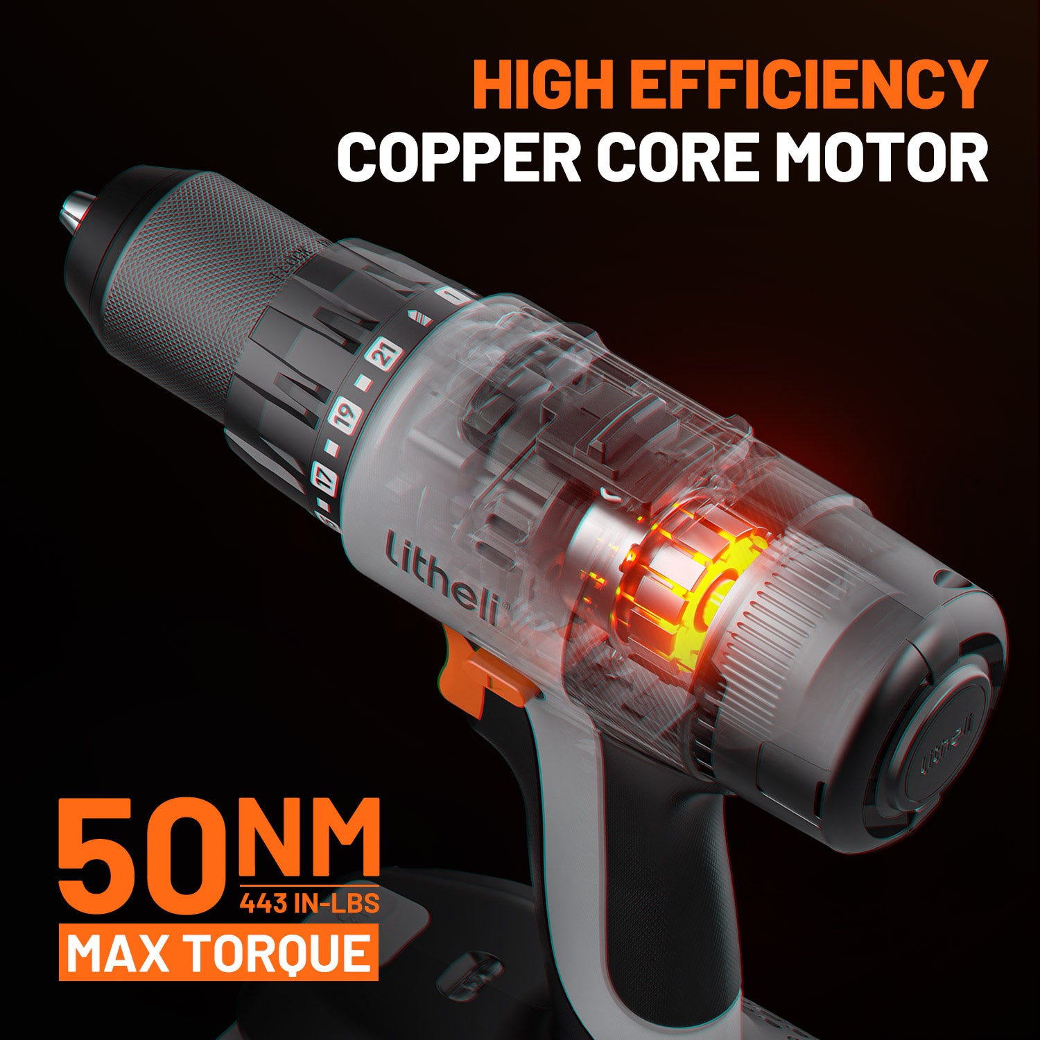 Litheli 20V Cordless 1/2" Drill Driver with 50 N·m High Torque, Brushed Motor, powered by a 2.0Ah Battery