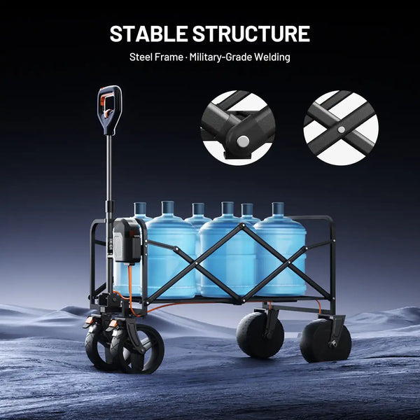 High-capacity battery powered utility wagon offering 60 minutes of forward and backward electric transport