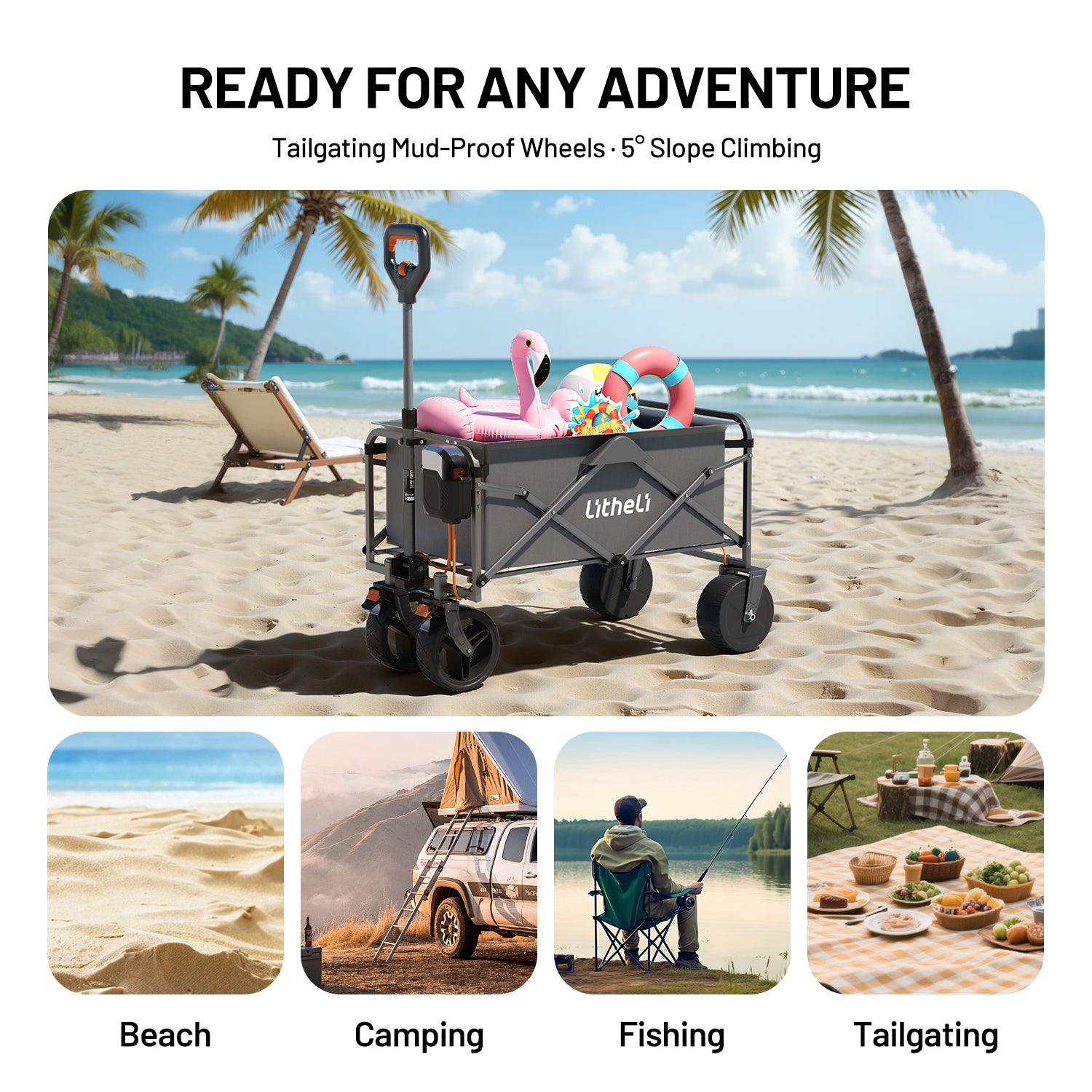 Litheli V100 Grey : Electric Collapsible Folding Outdoor Utility Wagon