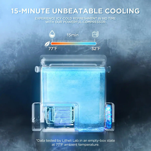 15 minute rapid cooling fridge chills from 77F to 32F with compressor technology