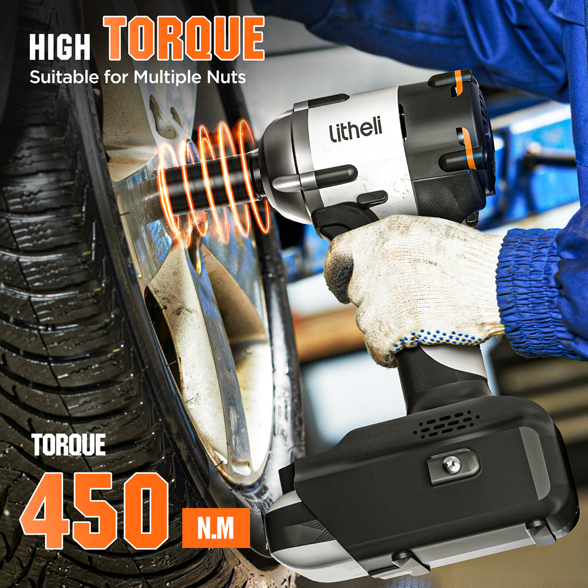 Litheli V20 Cordless Impact Wrench，1/2" Brushless Impact Drill with 332ft-lbs(450Nm) Max Torque,LED Light for Dark Environment, 2.5Ah Battery Power Impact Driver for Home Car Tires Mower
