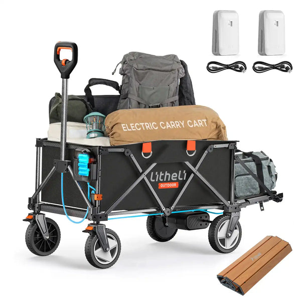 Collapsible outdoor wagon moving firewood and tools for campsite setup