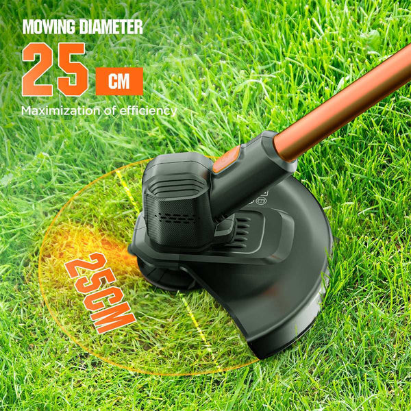 2-in-1 cordless grass trimmer and edger with 25 cm cutting diameter and rotating head for precise lawn edges
