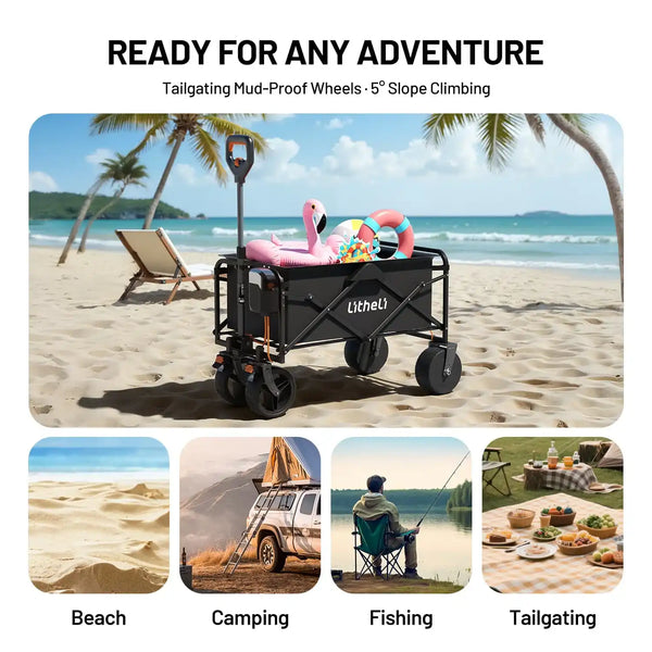 All-terrain wide anti-slip wheels with swivel front for smooth movement on sand, mud, grass, and trails
