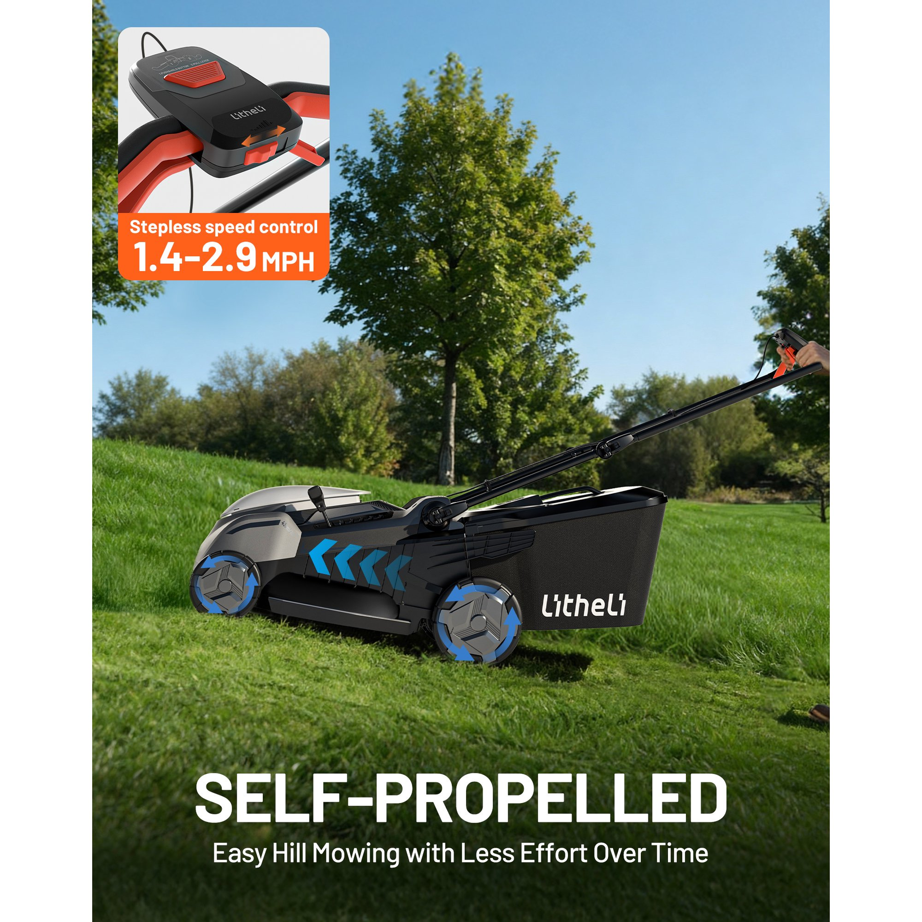 Litheli 40V Cordless Electric Lawn Mower, 17-Inch, Self-Propelled, Brushless Motor, 6-Position Height Adjustment, with 2 x 5.0Ah Battery, for Lawns & Gardens