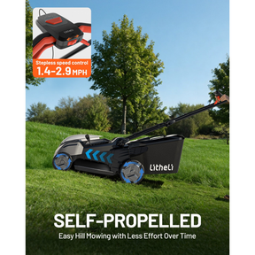 Litheli 40V Cordless Electric Lawn Mower, 17-Inch, Self-Propelled, Brushless Motor, 6-Position Height Adjustment, with 2 x 5.0Ah Battery, for Lawns & Gardens