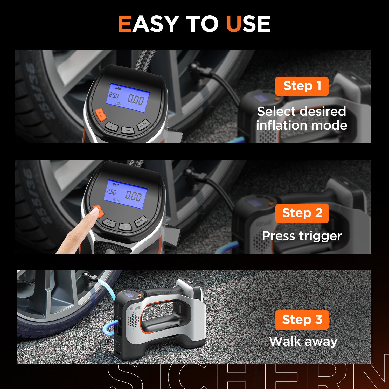 Litheli Cordless Tire Inflator, 150 Psi Air Compressor for Car Tires with Auto Shutoff, Compact Pump with Gauge & LED Light, and 2.0Ah Portable Battery