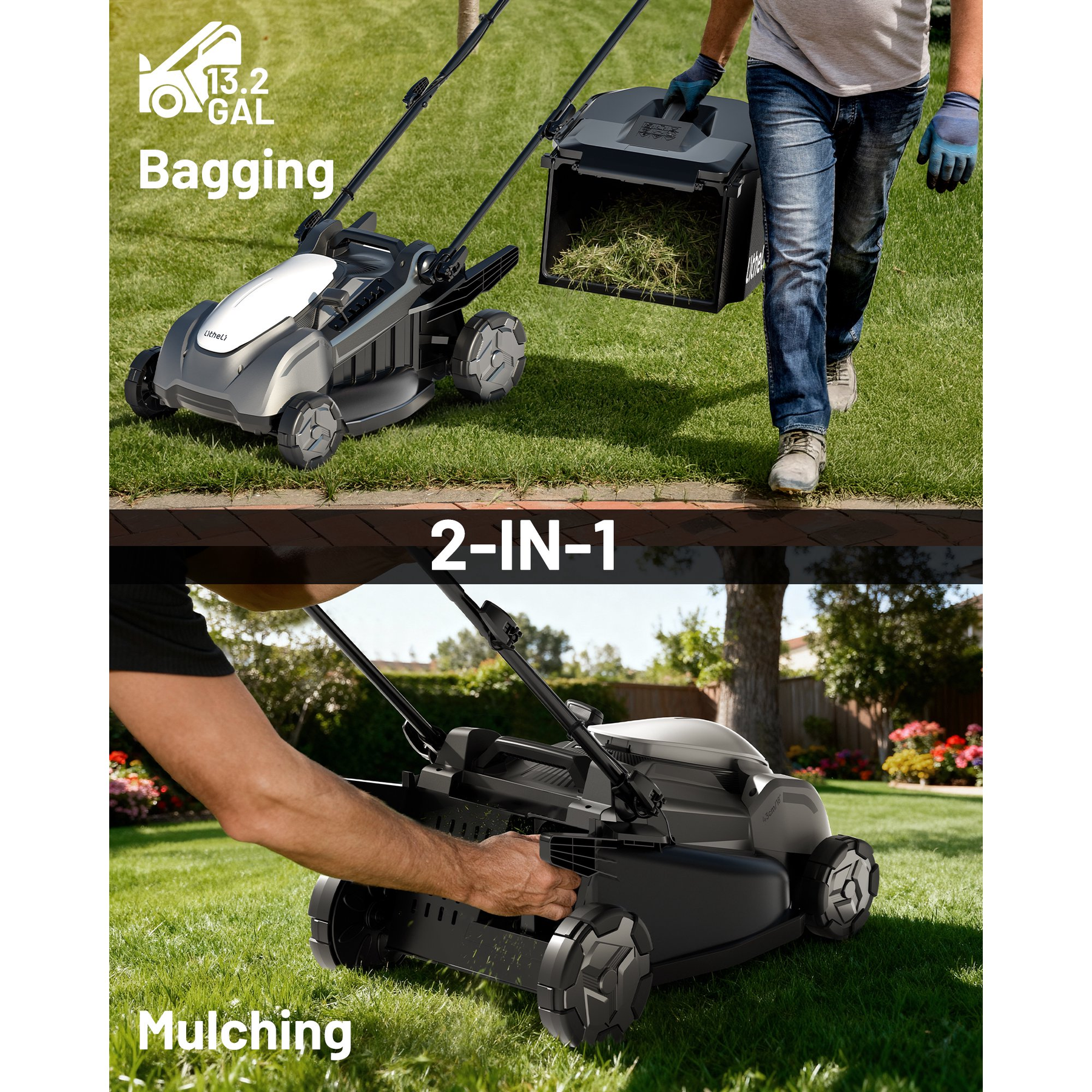Litheli 40V Cordless Electric Lawn Mower, 18-Inch, Brushless Motor, 6-Position Height Adjustment, with 2 x 5.0Ah Battery, for Lawns & Gardens