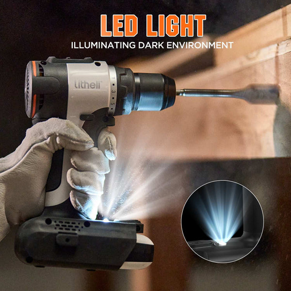 Cordless drill driver with built-in LED worklight for better visibility and safe operation in dark areas