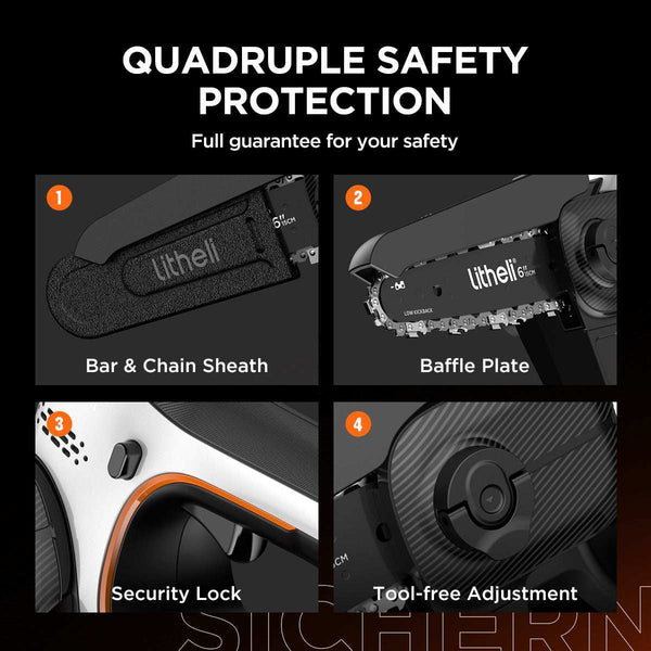 Dual safety protection with chain sheath and hand guard for secure operation of Litheli battery chainsaw