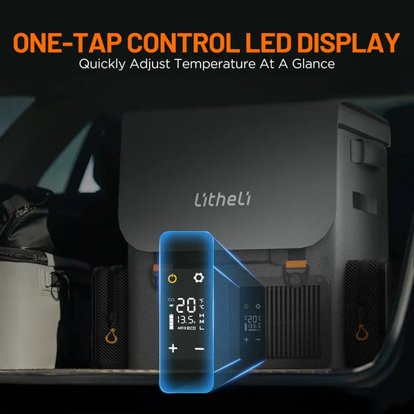 Portable 12V fridge compatible with vehicle charging cable and solar panels