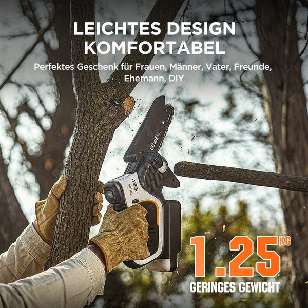 Rear view showing battery slot and easy one-hand operation of Litheli portable chainsaw