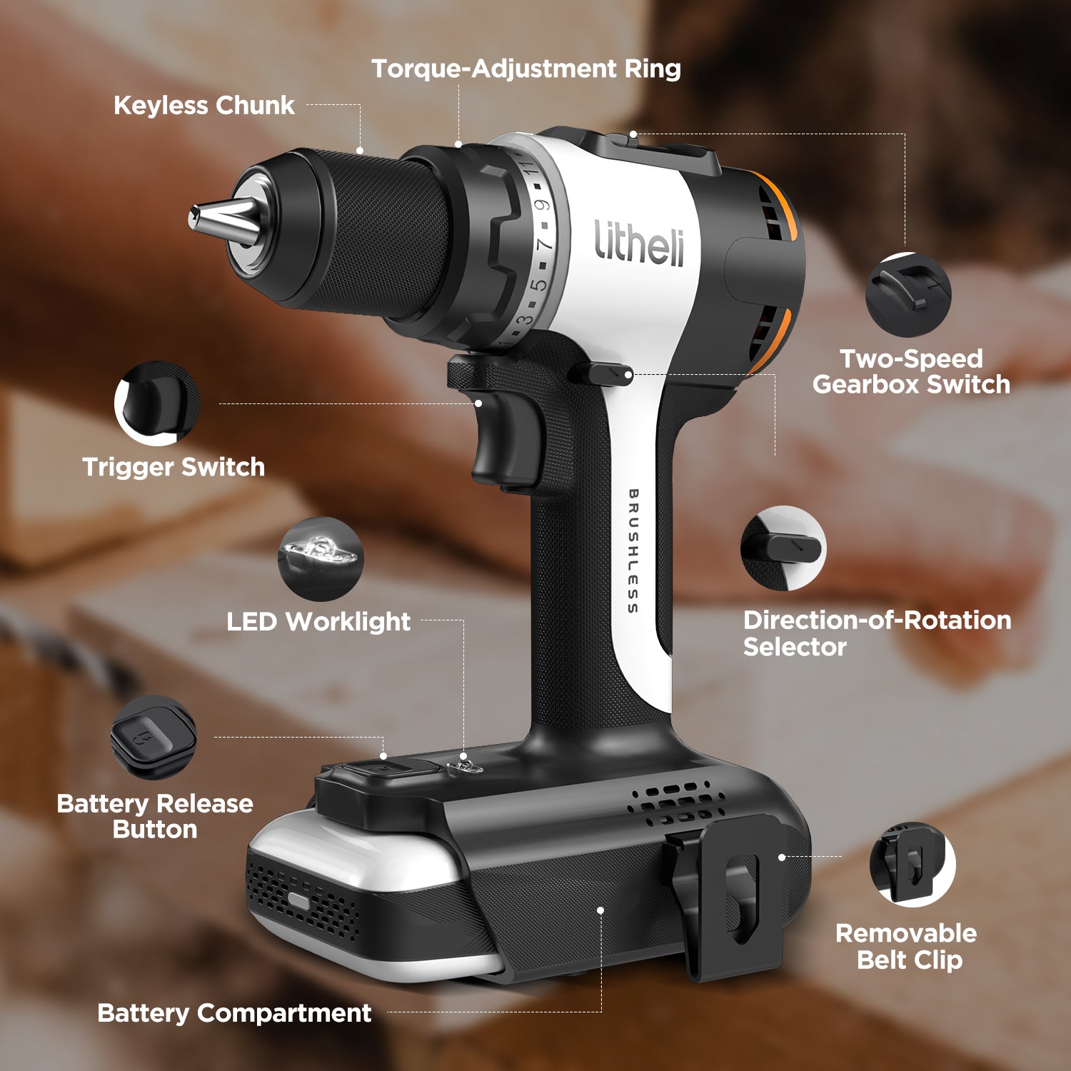 Litheli 20V Cordless 1/2" Drill Driver with 60 N·m High Torque, Brushless Motor, powered by a 2.0Ah Battery