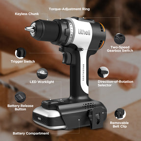 Litheli 20V Cordless 1/2" Drill Driver with 60 N·m High Torque, Brushless Motor, powered by a 2.0Ah Battery