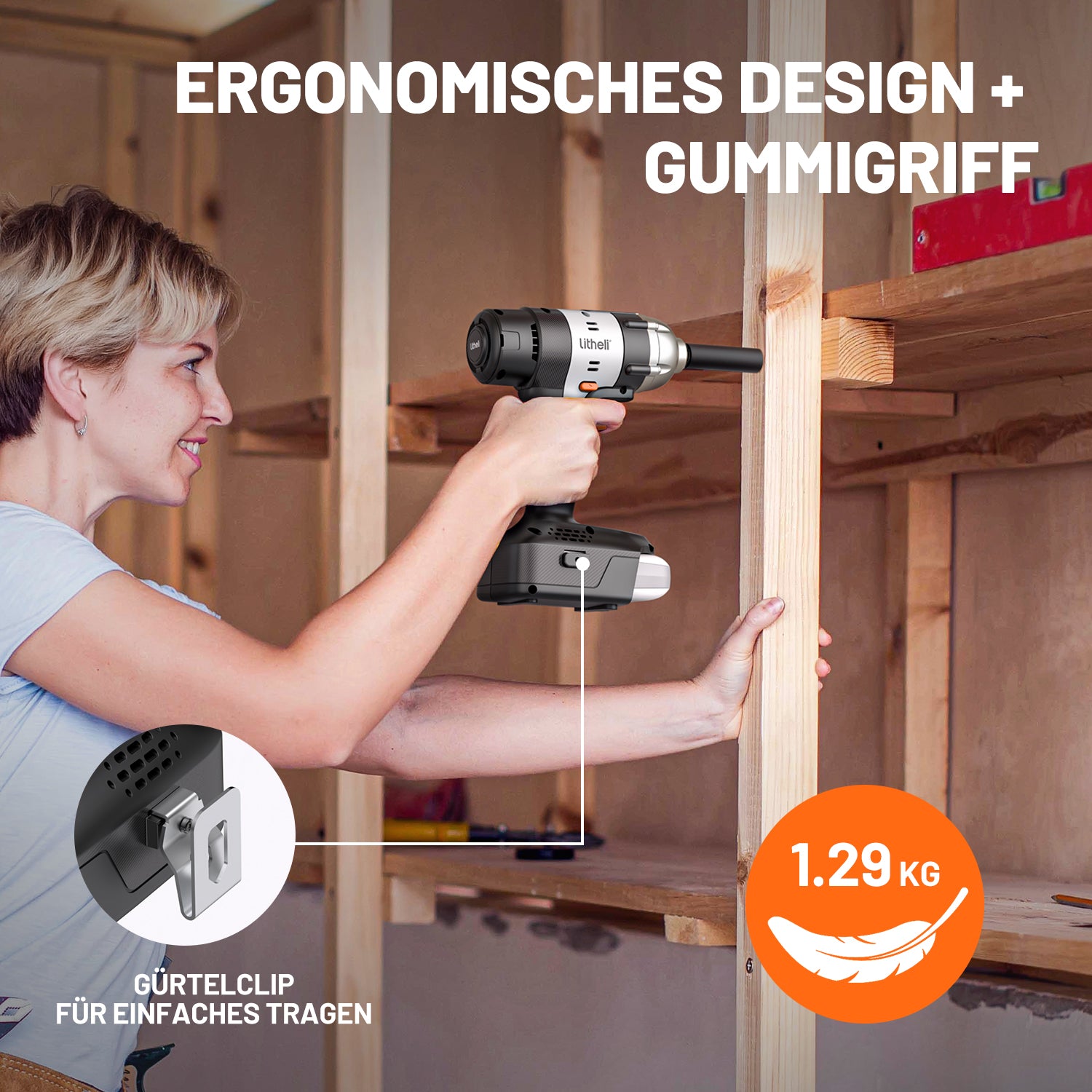 Litheli 20V Cordless Impact Wrench includes 1/2" Impact Drill with 400N.m Max Torque and LED Light for Dark Environment, 2.0Ah Battery, 4PC Socket Wrench and Tool Bag