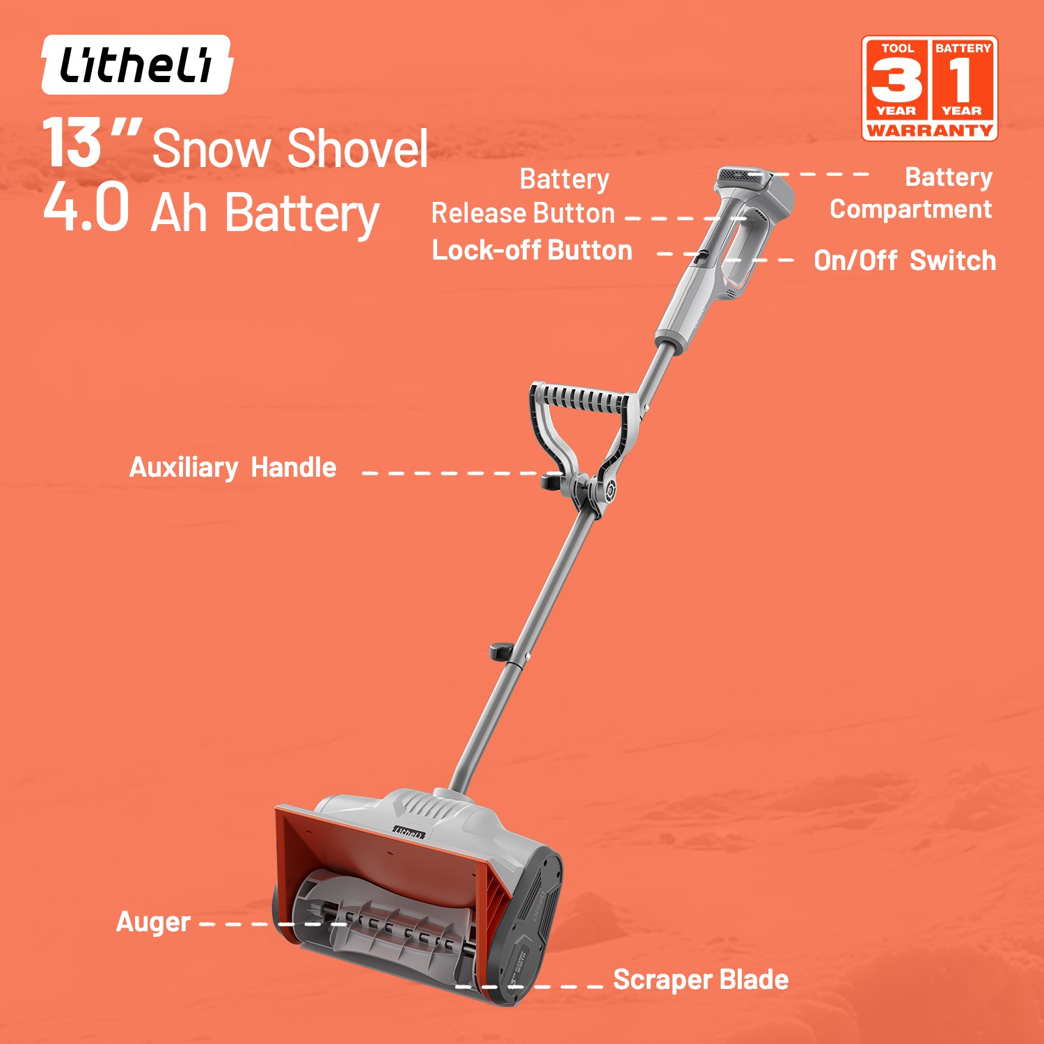 U20 20V 13" Brushless Cordless Snow Shovel | 4.0Ah Battery | 13" Wide, 20ft Snow Throw