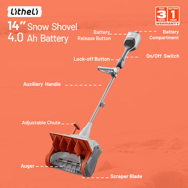 U20 2x20V 14" Brushless Cordless Snow Shovel | Includes 2×4.0Ah Batteries | 30min Runtime, 20ft Snow Throw