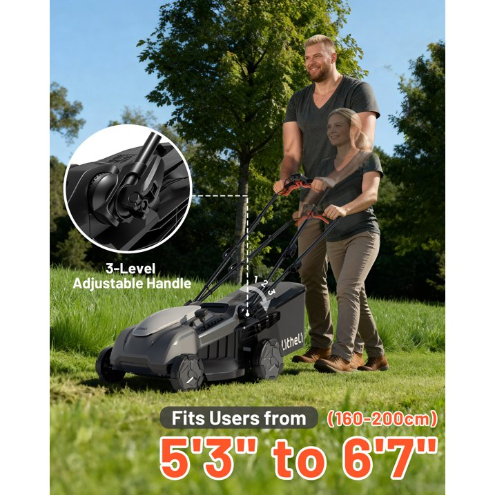 Litheli 40V Cordless Electric Lawn Mower, 17-Inch, Self-Propelled, Brushless Motor, 6-Position Height Adjustment, with 2 x 5.0Ah Battery, for Lawns & Gardens