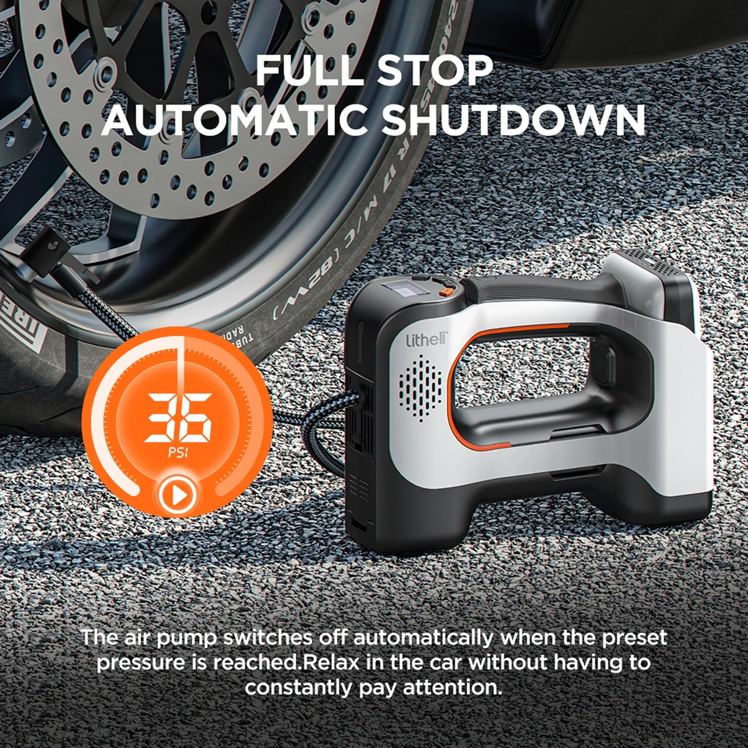 Litheli Cordless Tire Inflator, 150 Psi Air Compressor for Car Tires with Auto Shutoff, Compact Pump with Gauge & LED Light, and 2.0Ah Portable Battery