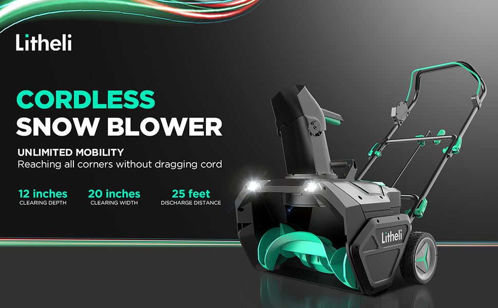 Litheli 40V Battery Powered Cordless Snow Blower, 20'' Electric Snow Thrower with Wheels, LED Lights, 180° Chute, Powerful Snow Removal Kit with 4.0Ah Battery and Fast Charger