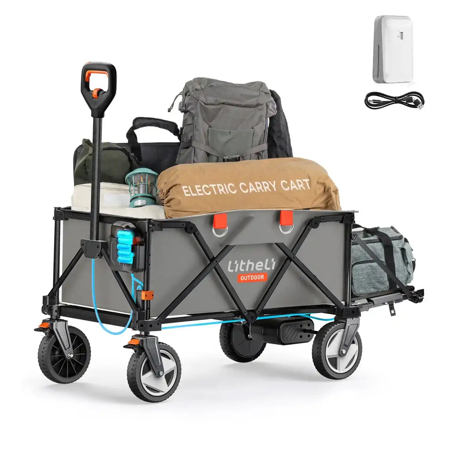 Lifestyle scene: Litheli electric folding wagon used outdoors for camping and family activities