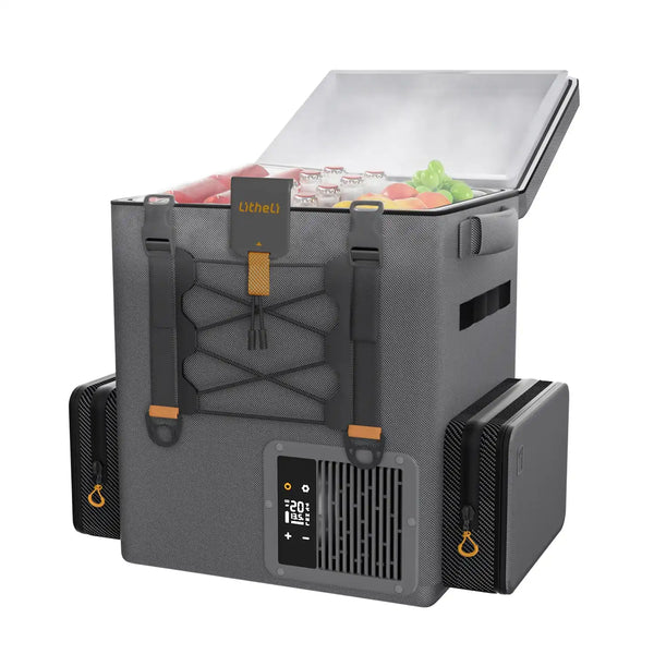 Battery powered 12V portable refrigerator doubles as power bank for phones and gadgets