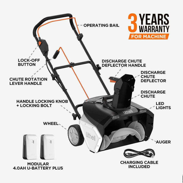 U20 2×20V 20" Brushless Cordless Snow Blower |Includes 2x4.0Ah Batteries | 180° Chute, LED Headlights