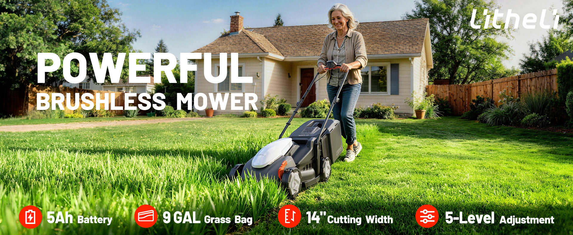Litheli 14 Inch Cordless Lawn Mower, Brushless Battery Powered Push Mower with 2x5.0Ah Batteries, 5-Position Height, 9-Gallon Bag, Lightweight Grass Cutter for Garden Yard Farm