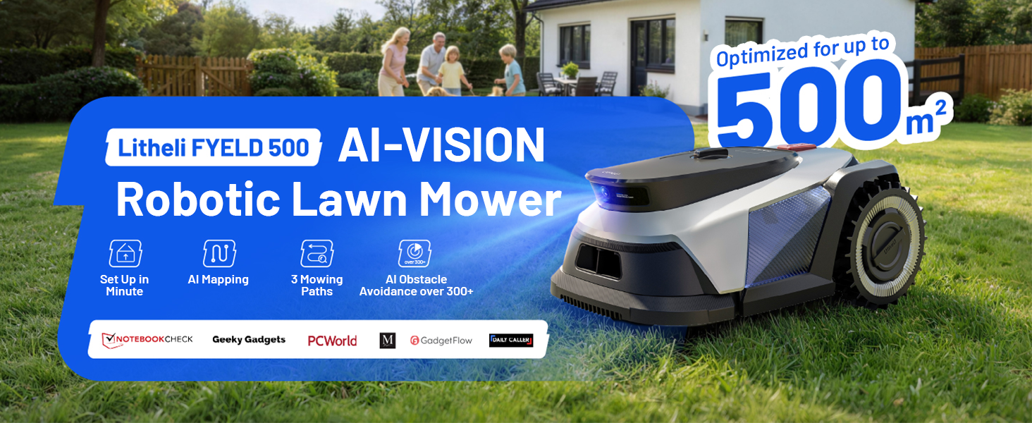 Litheli Robot Lawnmower FYELD 500, Robotic Lawnmower Without Boundary, 2-in-1 Mowing and Edge Trimming, 300+ AI Obstacle Avoidance