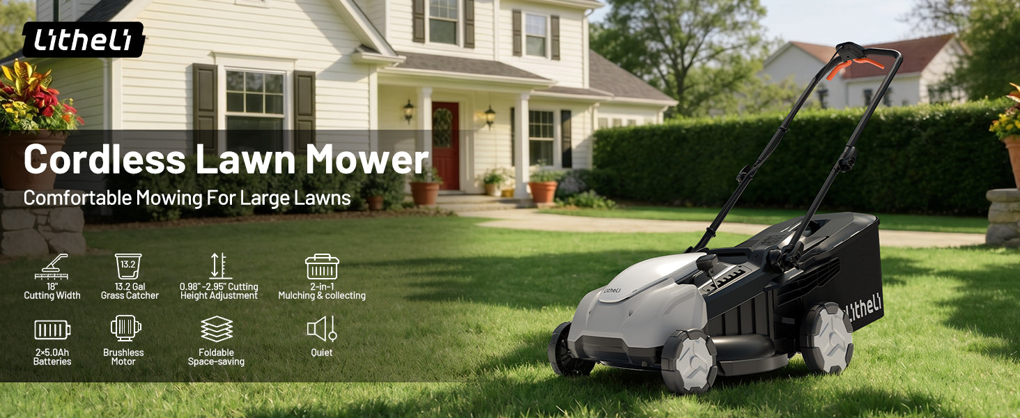 Litheli 40V 18" Cordless Lawn Mower, Brushless Motor, Electric Mower Battery Powered(2 x 5.0Ah Batteries), 2-in-1 Mulching & Bagging, for Small to Medium Yards