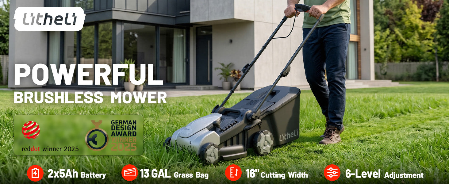 Litheli Electric Lawn Mower Cordless,Grass Cutter Machine for 3200 Sq. Ft, Lawnmower with Brushless Motor, 16.5 in Cutting Width, Cutting Height 1-2.5 in, 2 x 5.0 Ah Batteries & Charger
