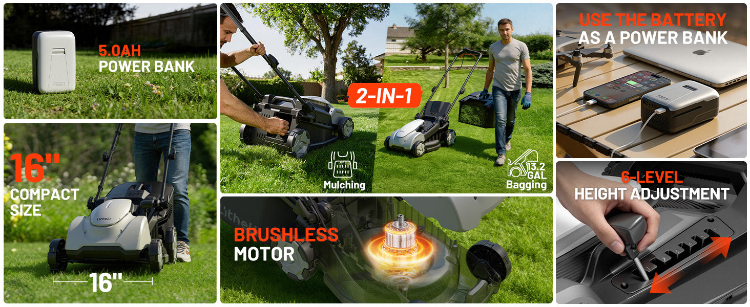Litheli Electric Lawn Mower Cordless,Grass Cutter Machine for 3200 Sq. Ft, Lawnmower with Brushless Motor, 16.5 in Cutting Width, Cutting Height 1-2.5 in, 2 x 5.0 Ah Batteries & Charger