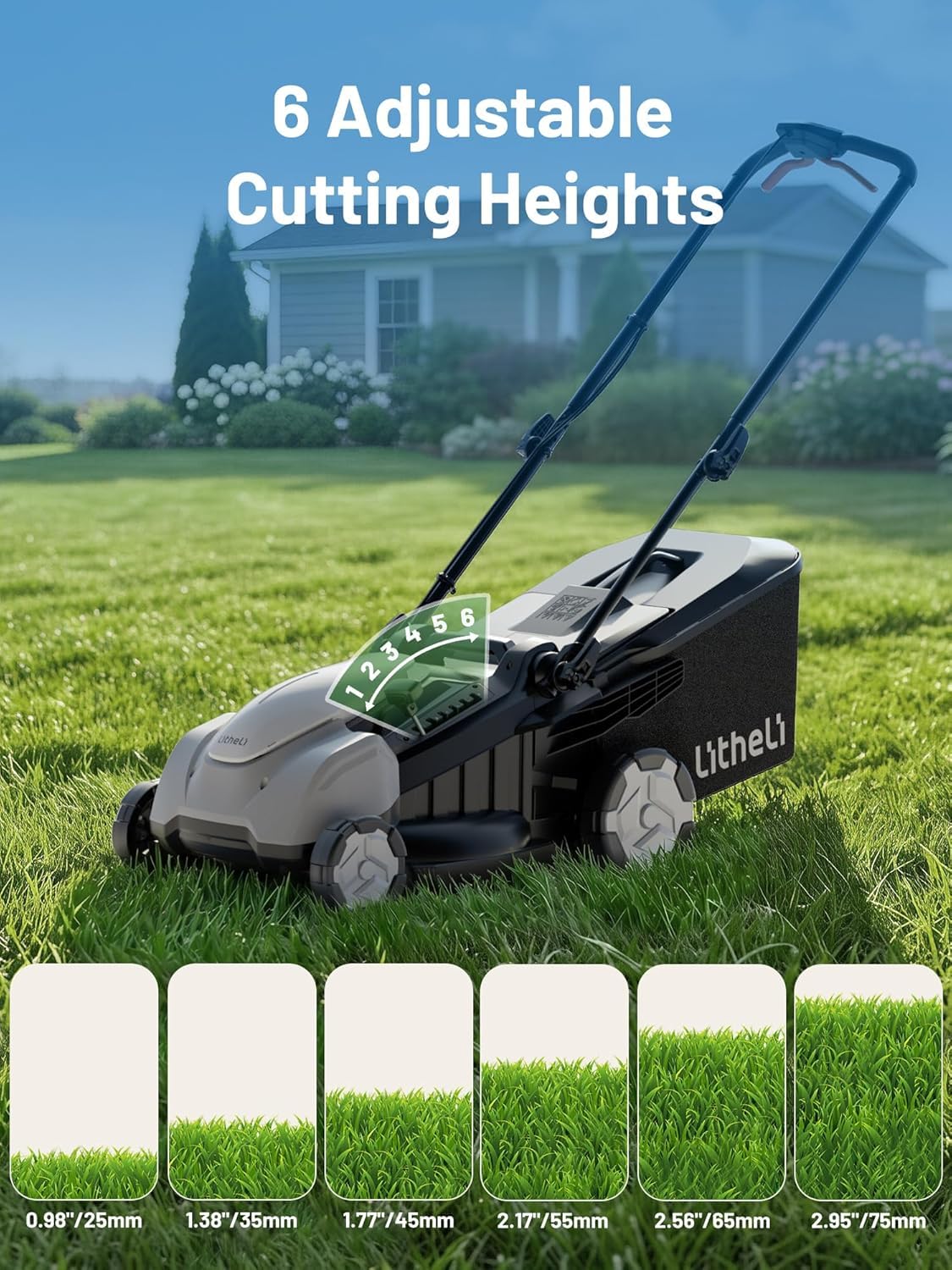 Litheli 40V Electric Lawn Mower 16″, Battery Push Mower with Brushless Motor, 6 Position Height Adjust, 2-in-1 Bagging & Mulching, Without Battery & Charger