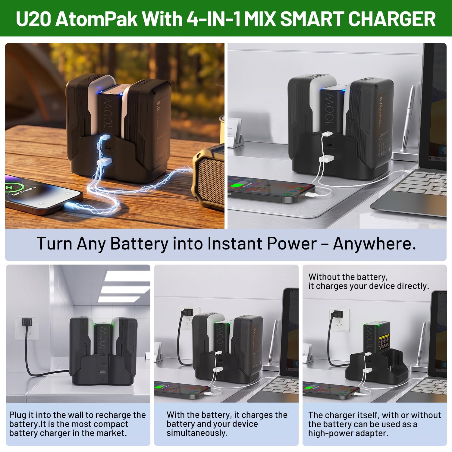 Litheli U20 4-in-1 Mix Smart Charger, 100W Fast Charging Station for All U20 Batteries, Versatile Portable Charger, 30-Minute Fast Dual Charging