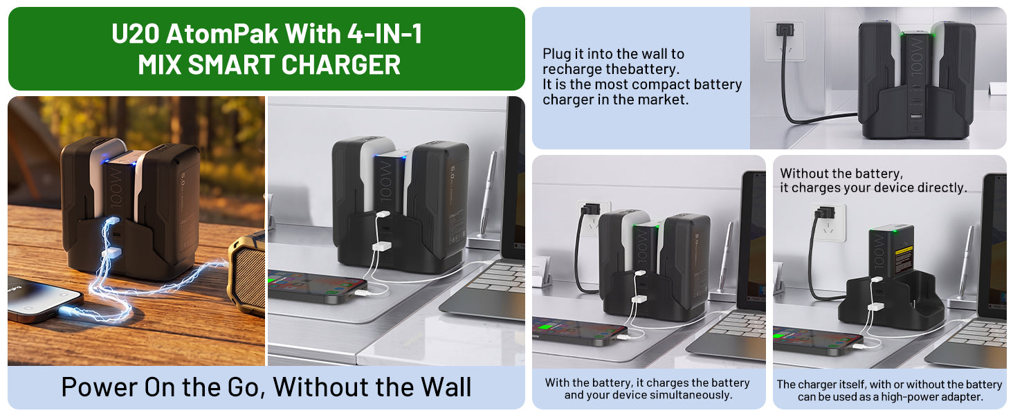 Litheli U20 4-in-1 Mix Smart Charger, 100W Fast Charging Station for All U20 Batteries, Versatile Portable Charger, 30-Minute Fast Dual Charging