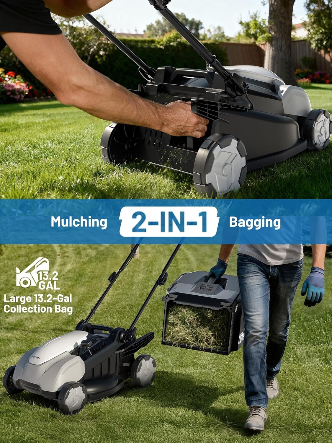 Litheli 40V Electric Lawn Mower 16″, Battery Push Mower with Brushless Motor, 6 Position Height Adjust, 2-in-1 Bagging & Mulching, Without Battery & Charger