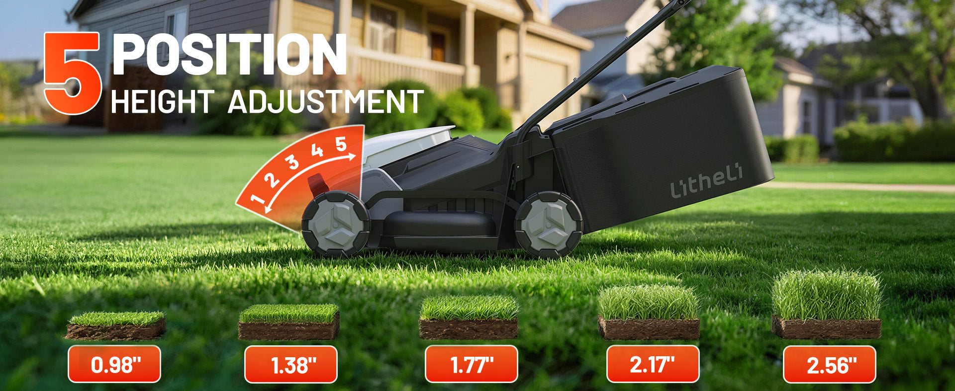 Litheli 14 Inch Cordless Lawn Mower, Brushless Battery Powered Push Mower with 2x5.0Ah Batteries, 5-Position Height, 9-Gallon Bag, Lightweight Grass Cutter for Garden Yard Farm