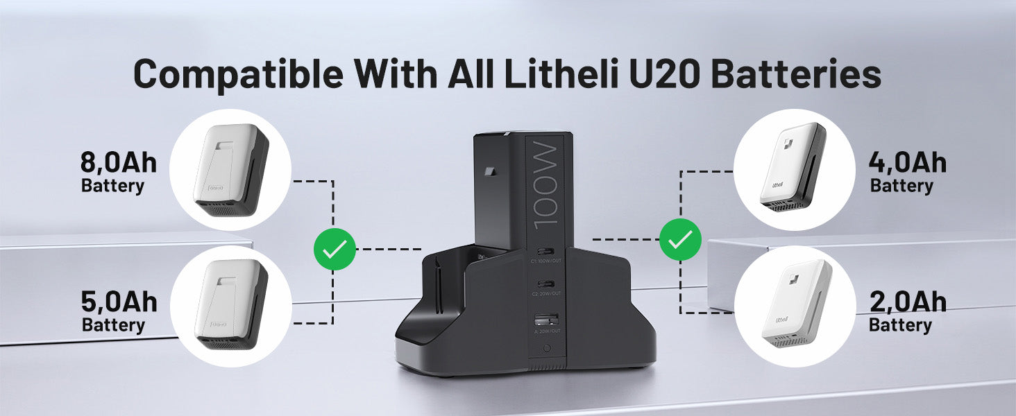 Litheli U20 4-in-1 Mix Smart Charger, 100W Fast Charging Station for All U20 Batteries, Versatile Portable Charger, 30-Minute Fast Dual Charging